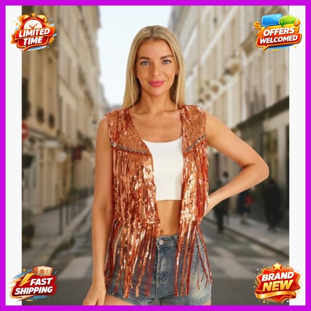 Small Sequin Fringe Vest Sleeveless Western Costume Jacket Party Wear - Picture 5 of 6